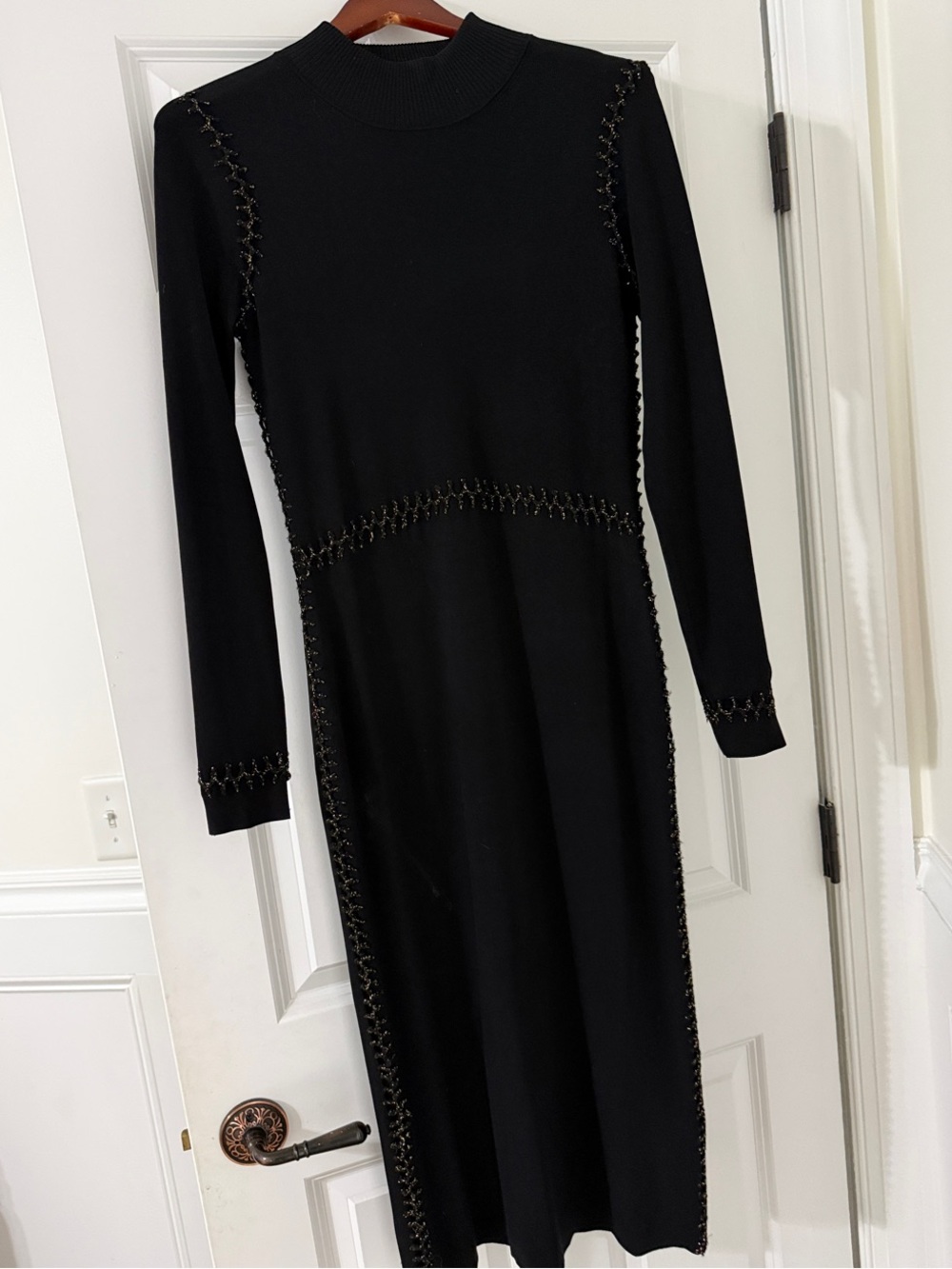 Elie Tahari Black Long-Sleeve Knit Midi Dress with Chain Stitch Detail